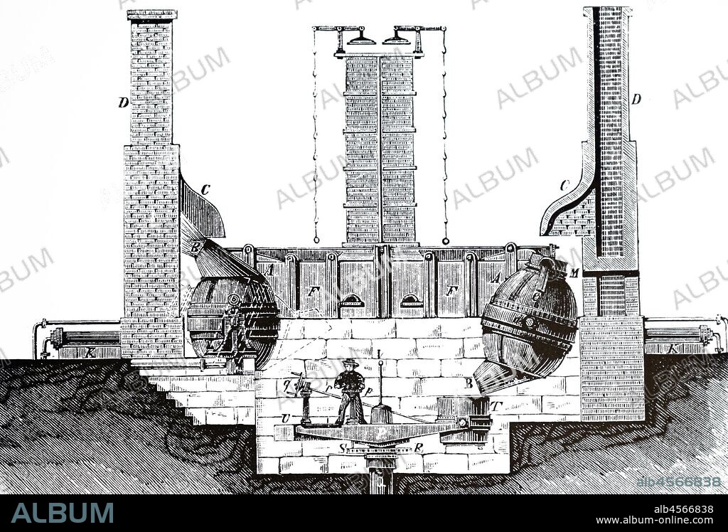 An engraving depicting the Bessemer process for the mass production of steel from molten pig iron before the development of the open hearth furnace. Named after Henry Bessemer (1813-1898) an English inventor. Dated 19th century.