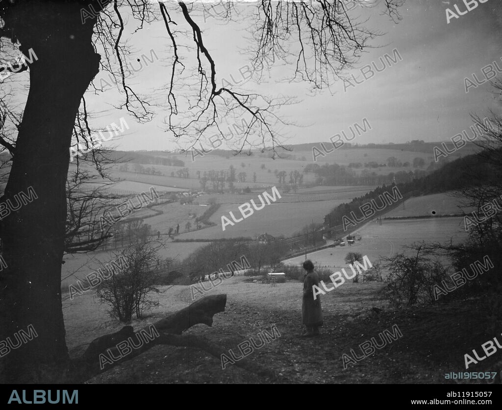 A women stands looking out at Preston hill farm estate . 3 February 1938 .