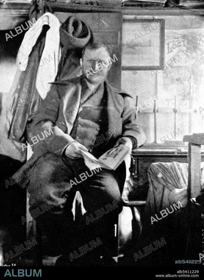 Johansen in Frederick George Jackson's saloon at Cape Flora. Fredrik Hjalmar Johansen (May 15, 1867 January 3, 1913) was a Norwegian polar explorer. He shipped out with the Fridtjof Nansen expedition in 1893-1896, and accompanied Nansen to notch a new Farthest North record near the North Pole. Johansen also participated in the expedition of Roald Amundsen to the South Pole in 1910-1912. A chance encounter between explorers Fridtjof Nansen and Frederick George Jackson took place here in 1896. Jackson was leading the Jackson-Harmsworth Expedition, based at Cape Flora, when this meeting occurred, on June 17, 1896. No photographer credited, 1896 (cropped and cleaned).