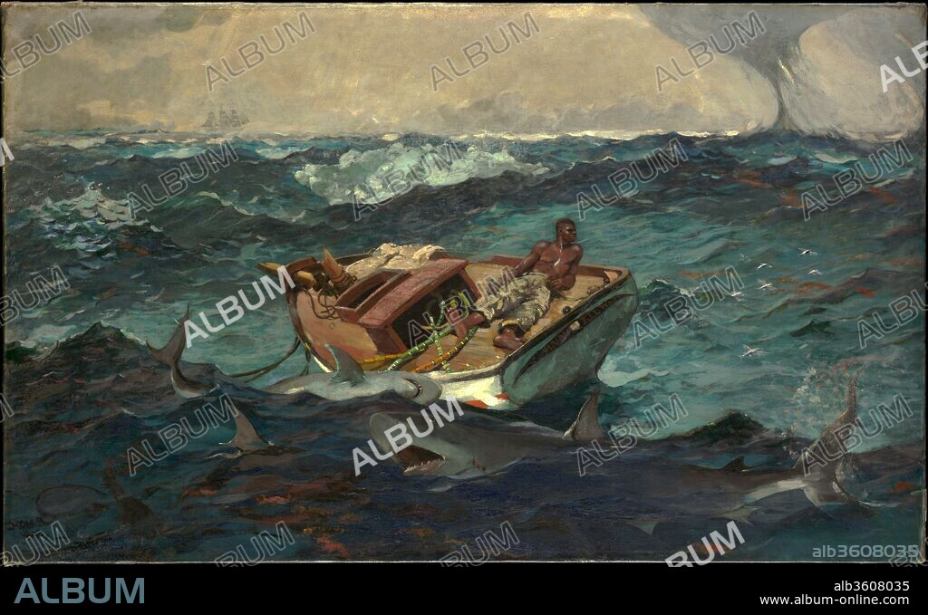 The Gulf Stream. Artist: Winslow Homer (American, Boston, Massachusetts 1836-1910 Prouts Neck, Maine). Dimensions: 28 1/8 x 49 1/8 in. (71.4 x 124.8 cm). Date: 1899.
Back in Prouts Neck, Maine, after one of his winter visits to the Bahamas, Homer painted this dramatic scene of imminent disaster. A man faces his demise on a dismasted, rudderless fishing boat, sustained by only a few stalks of sugarcane and threatened by sharks and a distant waterspout. He is oblivious to the schooner on the left horizon, which Homer later added to the canvas as a sign of hopeful rescue. Some art historians have read The Gulf Stream as symbolic, connecting it with the period's heightened racial tensions. The painting has also been interpreted as an expression of Homer's presumed sense of mortality and vulnerability following the death of his father.