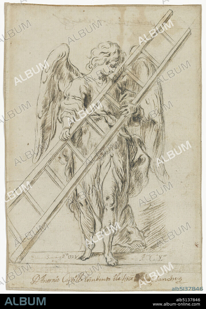 An angel holding a ladder, Black chalk, pen and brown ink, Sheet: 23 × 15.6 cm (9 1/16 × 6 1/8 in.); Support: 23.2 × 15.9 cm (9 1/8 × 6 1/4 in.) (irreg), ILE2006.18.60 , Made in Spain, Spanish, 17th century, Works on Paper - Drawings and Watercolors.