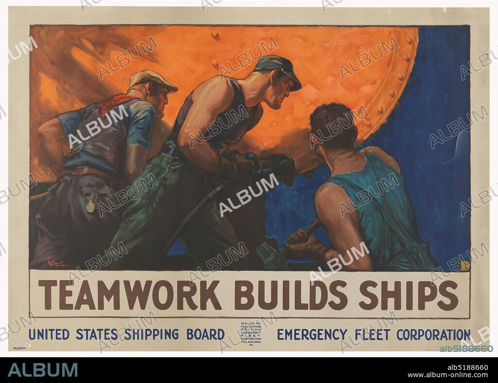Teamwork Builds Ships, William Dodge Stevens, American, 1870 - 1942, Lithograph on paper, Poster features steelworkers bolting the hull of a ship together., USA, 1918, graphic design, Poster, Poster.
