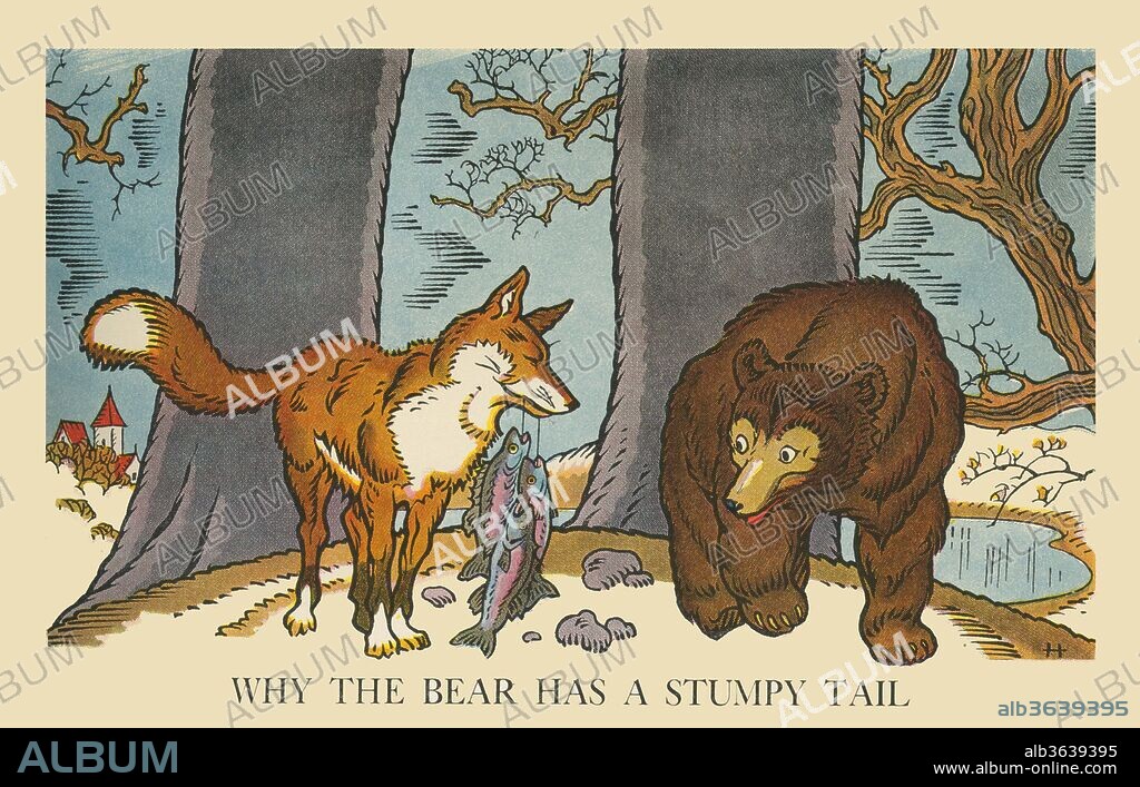A fox and a bear walk in the woods with their catch of fish. Illustration from the children's book "Stories that Never Grow Old" by Piper Watty with art by George Hauman (died 1961) and Doris Holt Hauman (August 29, 1898 – 1978)., Hauman,.