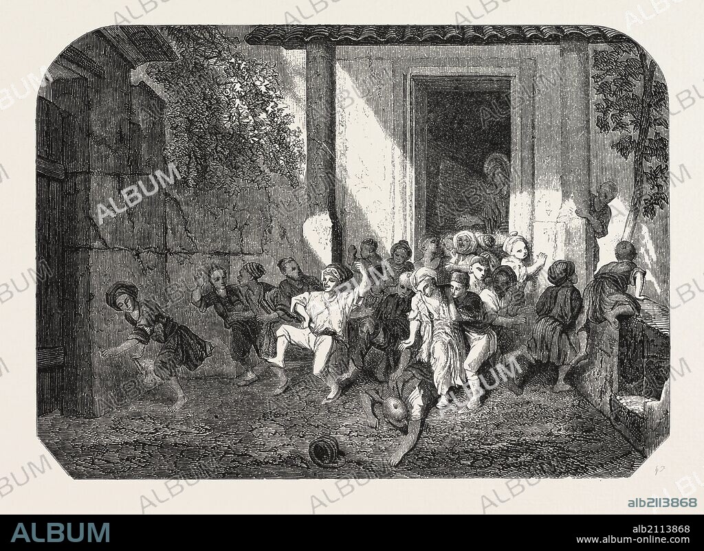 Salon of 1855. Leaving the Turkish school, watercolor by Decamps. engraving 1855.