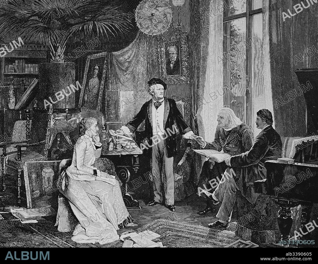 Richard Wagner and Cosima Wagner together with Liszt and Hans von Wolzogen in their home, the Villa Wahnfried, Bayreuth, Bavaria, Germany.