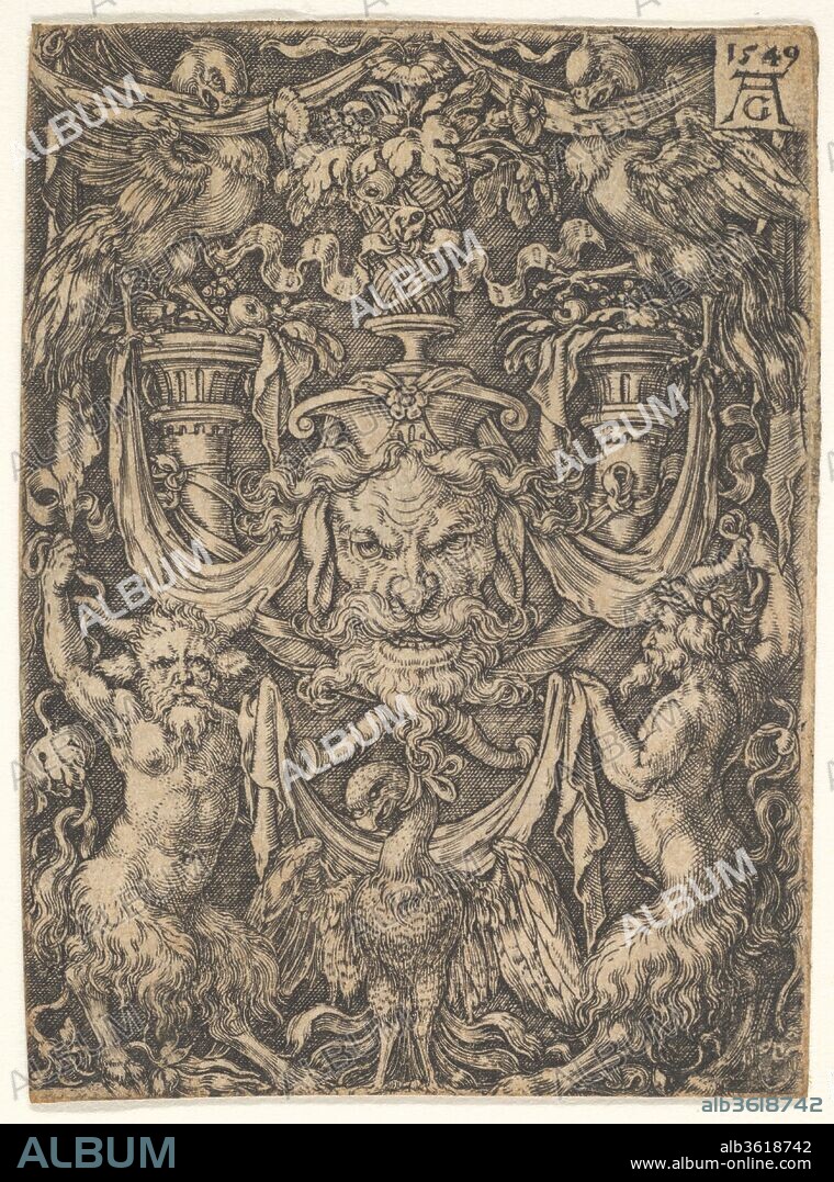 Ornamental Design with a Mask and an Eagle between Two Fauns below. Artist: Heinrich Aldegrever (German, Paderborn ca. 1502-1555/1561 Soest). Dimensions: sheet: 2 5/8 x 1 15/16 in. (6.7 x 4.9 cm). Date: 1549.