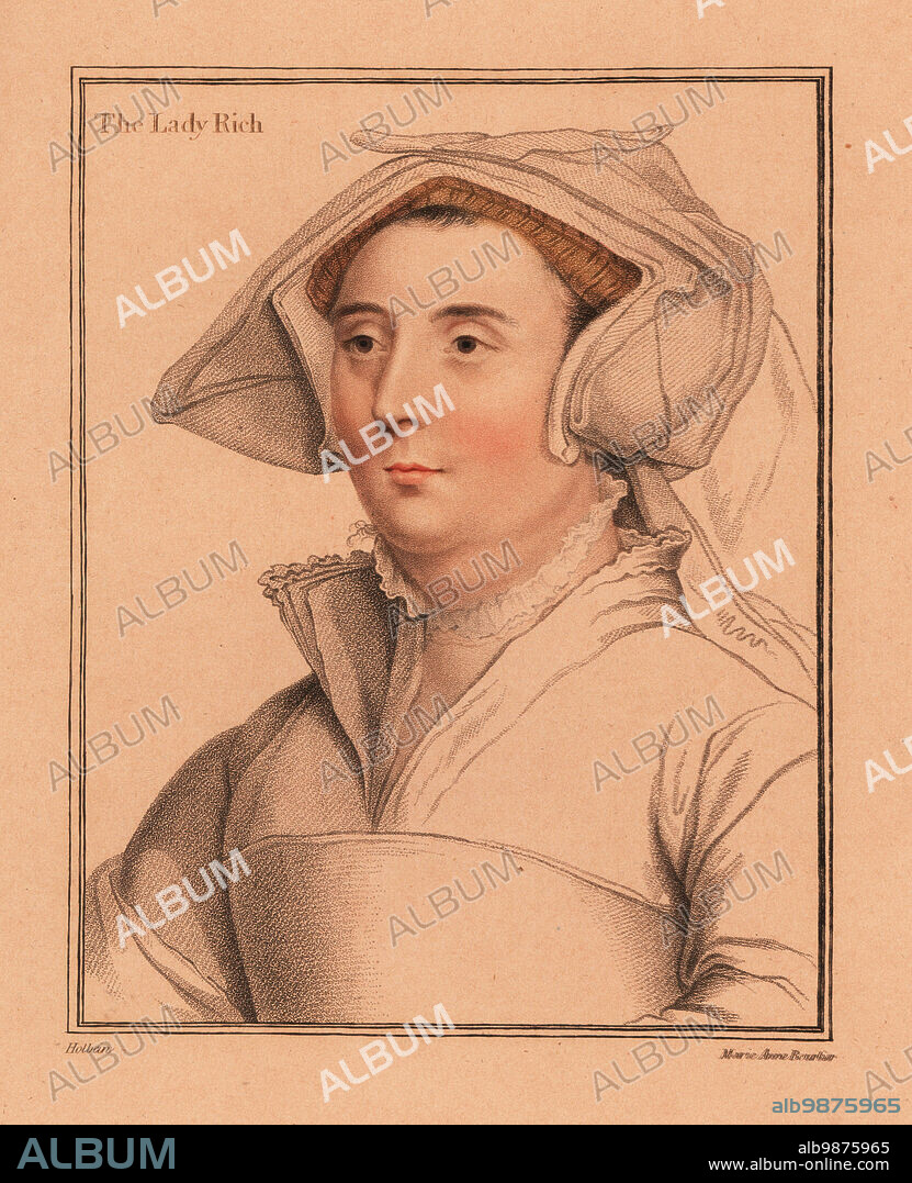 Elizabeth Jenkes, Lady Rich, wife to Sir Richard Rich, 1st Baron Rich (1496-1567), Lord Chancellor during the reign of King Edward VI. In gable hood headdress. Handcoloured copperplate stipple engraving by Marie Anne Bourlier after a portrait by Hans Holbein the Younger from Imitations of Original Drawings by Hans Holbein, John Chamberlaine, London, 1812.