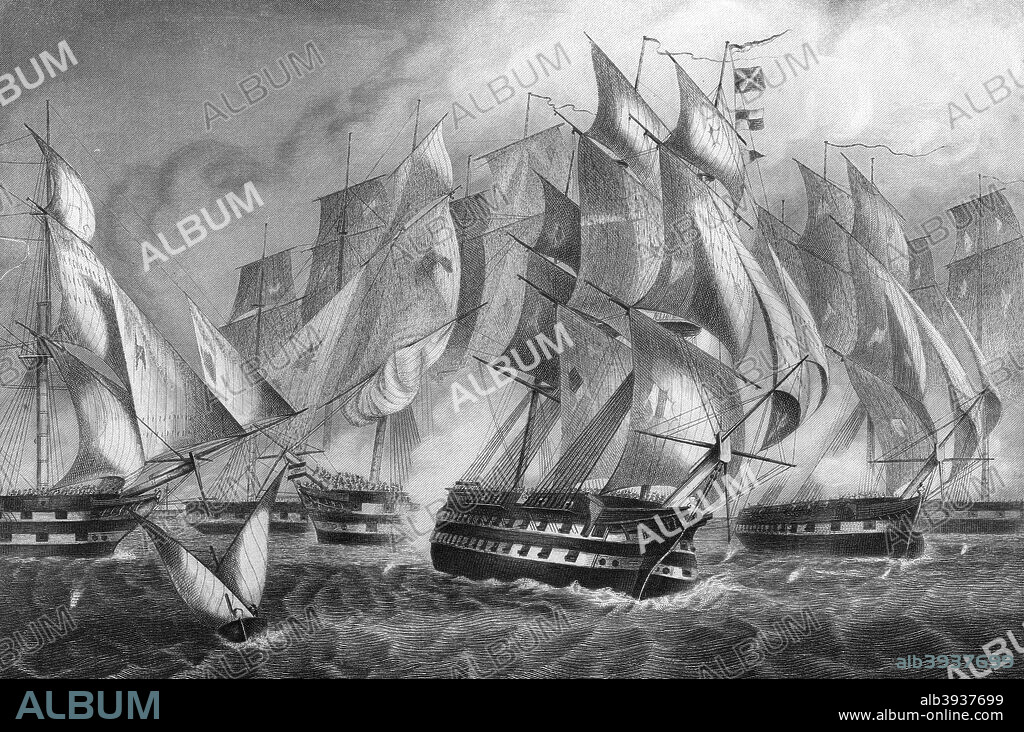 Sir Charles Napier's victory off Cape St Vincent, 5 July 1833 (c1857). Napier (1786-1860) fought the battle while in the Portuguese service under Admiral de Ponza. Ships involved in the battle are (left to right): 'Don Pedro' 48 guns; 'Rainha de Portugal', frigate, flag of Napier, 46 guns; 'Rainha', 72 guns; 'Don Joao VI', flag, 74 guns; 'Prince Sa Real', 22 guns; 'Dona Maria Isabell', 24 guns. From England's Battles by Sea and Land, volume IV, by Lieutenant Colonel William Freke Williams, published by the London Printing and Publishing Company, 1857.