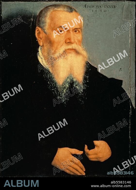 LUCAS LE JEUNE CRANACH. Cranach, Lucas l'Ancien ; peintre et graphiste allemand . Kronach octobre 1472 - Weimar 16.10.1553. - "Portrait Lucas Cranach l'Ancien". - Peinture,1550, Lucas Cranach le Jeune (1515-1586). Sur bois, H. 0,64 ; L. 0,49. Florence, Galerie des Offices.