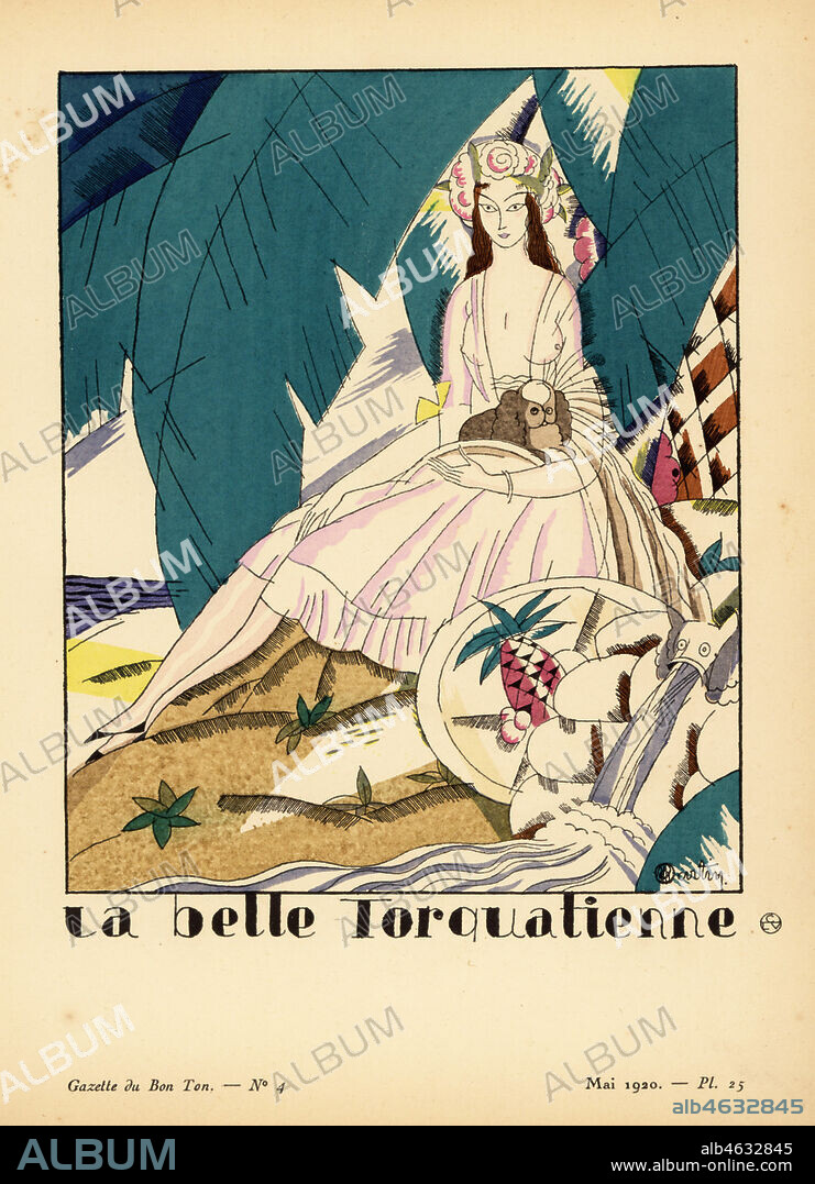 Girl of the island of Torquate in seethrough blouse, pink skirt, and headdress of flowers. La belle Torquatienne. Jeune habitante de cette terre de Torquate. Handcoloured pochoir lithograph by Charles Martin from Lucien Vogels Le Bon Genre: 100 Plates from Gazette du Bon Ton, Brentanos, Paris, 1920.