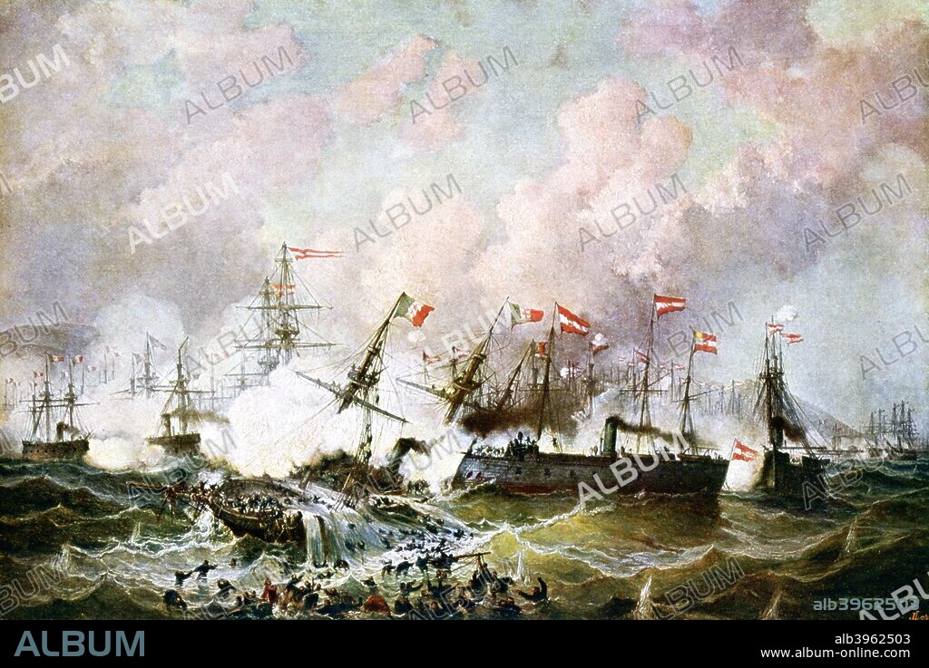 Naval battle between the Austrian and Italian fleets, 1866, (19th Century). The Battle of Lissa, fought in the Adriatic on 20 July 1866 during the Third Italian War of Independence. Although outnumbered by the Italians, the outcome of the battle was a victory for the Austrians.