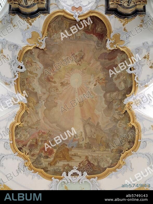 Bamberg, Bavaria, Germany. Basilica of the Fourteen Holy Helpers (Basilika Vierzehnheiligen), built between 1743 and 1772. Interior view, fresco above the organ, Adoration of the Magi. Photo, Peter Eberts, film size: 9 × 12 cm.