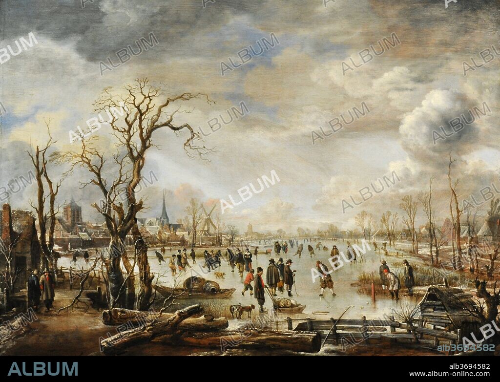 Aert van der Neer (1603/1604-1677). Pintor de la Edad de Oro neerlandesa. Paisaje invernal con distracciones en el hielo, hacia 1655. Museo Wallraf-Richartz. Colonia. Alemania.