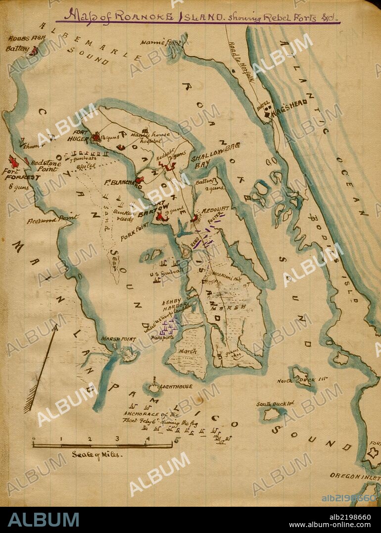 area surrounding Roanoke Island, N.C., including Croatan, Roanoke and Pamlico sounds, and the locations of Confederate forces on the eve of the Battle of Roanoke Island in February 1862.