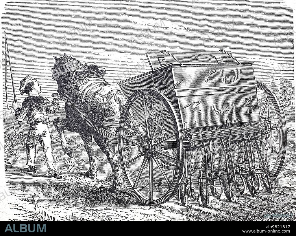 Agriculture; Seed drill; Seed drill; around 1890; Germany; Historic; digitally restored reproduction from a 19th century original; Europe.