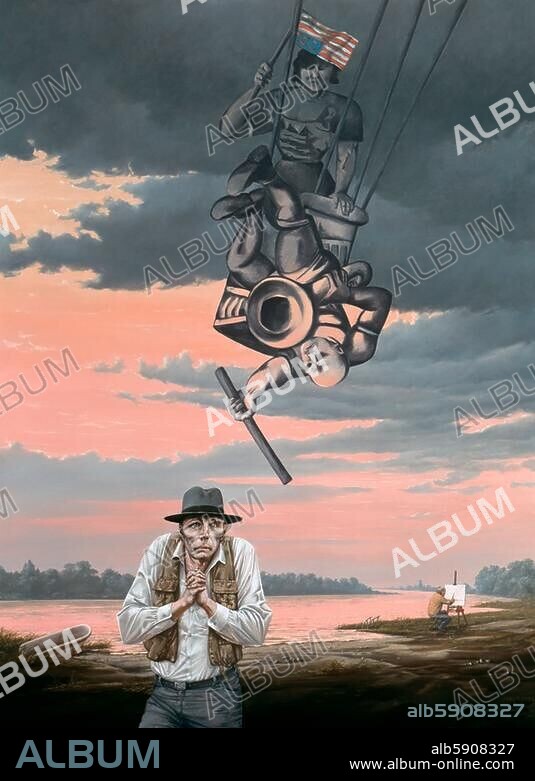 MATTHIAS KOEPPEL. Koeppel, Matthias ; né en 1937. "Beckmann revient", 1984. (Max Beckmann et son épouse Quappi, d'ap. le tableau "Les acrobates de l'air" de 1928 ; au premier plan, Josef Beuys devant un paysage de Basse- Rhénanie; au centre, autoportrait de l'artiste). Huile sur toile, H. 2,00 ; L. 1,50. Düsseldorf, chancellerie nationale.