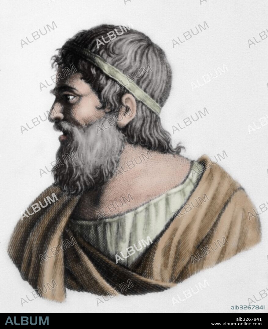 ARQUIMEDES (Siracusa, -287-Siracusa, -212). Científico griego, siciliano. Hijo del astrónomo Fidias y pariente y amigo de Hierón II y de Gelón II. De entre sus estudios formuló una serie de proposiciones relativas a la inmersión de sólidos en fluídos ("Principio de Arquímedes"). Grabado coloreado.