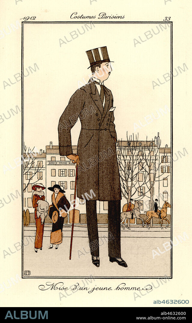 Young man in fashionable outfit with top hat and cane, 1912. Mise dun jeune homme. Handcoloured pochoir (stencil) etching after an illustration by Bernard Boutet de Monvel from Tommaso Antonginis Journal des Dames et des Modes, Aux Bureaux du Journal des Dames, Paris, 1912.