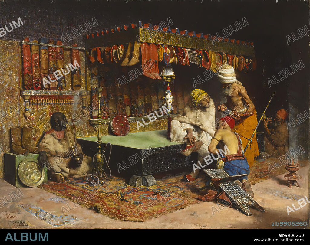JOSé VILLEGAS CORDERO. The Slipper Merchant, 1872. In the dimly lit, richly coloured interior of a North African shop, a turbaned merchant serves a customer seated on a divan. Kneeling in front is an attendant, and barely discernible in the background is a craftsman at work. To the left, a man smokes a hookah. Villegas has adopted a subject made popular by Mariano Fortuny, but rather than exploring light effects, he provides an almost overwhelmingly detailed array of bric-a-brac. Even the picture frame, custom-ordered for this painting, is inscribed in Naskh script: "There is no God but Allah and Mohammed is his Prophet.".