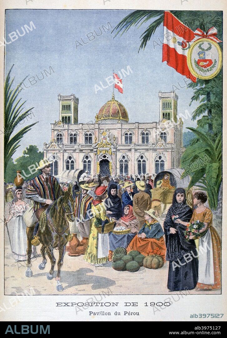 The Peruvian pavilion at the Universal Exhibition of 1900, Paris, 1900. Exposition Universelle of 1900 was a world's fair held in Paris, France, to celebrate the achievements of the past century and to accelerate development into the next. An illustration from Le Petit Journal, 1st July 1900.