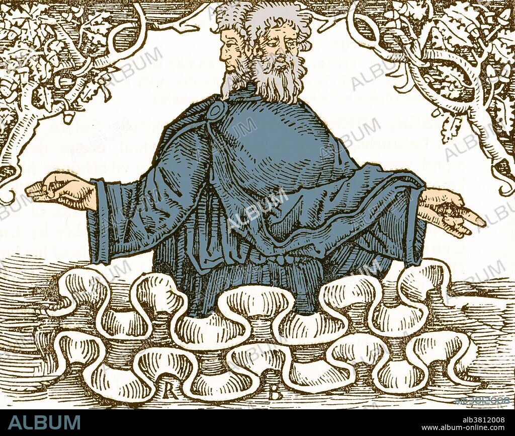 Janus, the ancient Roman god of beginnings and transitions (gates, doors, doorways, endings and time). He is usually shown as having two heads facing in opposite directions.