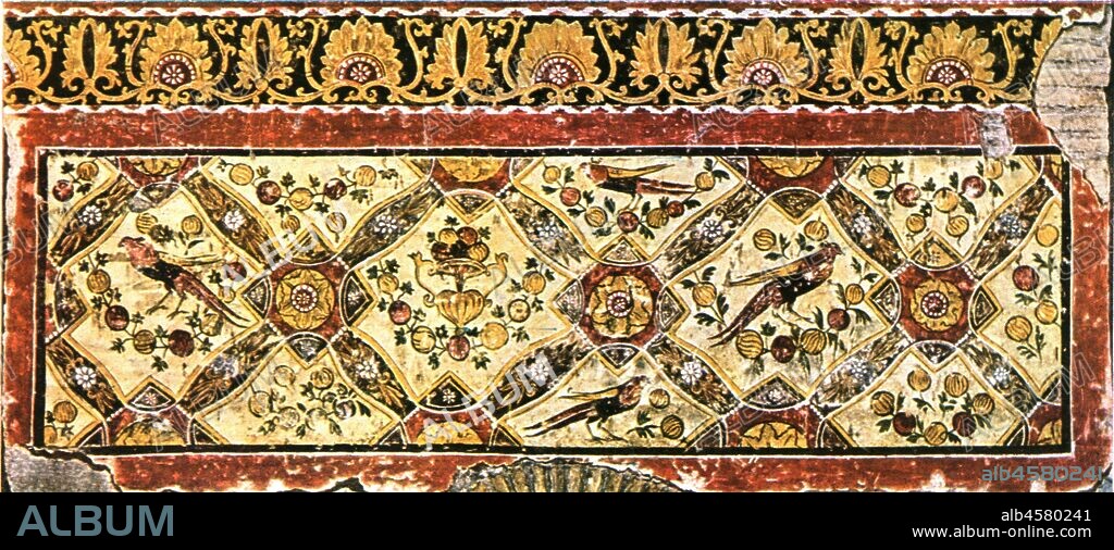 Ornamental frieze from the Basilica of St. Clement, Rome, Italy, (1928). 'About 1100..."The frieze and plinth paintings belong to the most beautiful mediaeval pieces of decoration...the rosettes...are enclosed by elegantly curved tendrils and alternate with foliage ornament. The plinth is divided into lozenge-shaped compartments by means of bands inter-secting at right angles...The compartments contain cut twigs with red and yellow apples. In four of them there are also golden pheasants, and in the central one a vase filled with fruit. The intersecting bands are undulating with rosettes, bunches of pointed leaves and star-flowers." After J. Wilpert. Plate LIII, fig 118, from "An Encyclopaedia of Colour Decoration from the Earliest Times to the Middle of the XIXth Century" with explanatory text by Helmuth Bossert. [Ernst Wasmuth Ltd., Berlin, 1928].