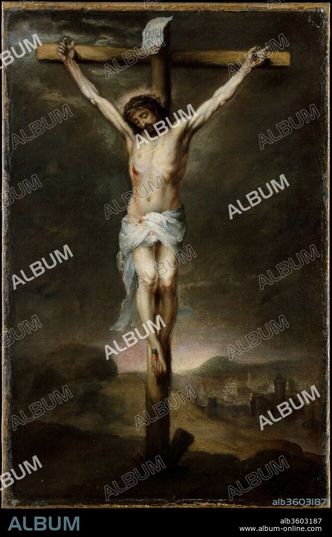 BARTOLOME ESTEBAN MURILLO. The Crucifixion. Artist: Bartolomé Estebán Murillo (Spanish, Seville 1617-1682 Seville). Dimensions: 20 x 13 in. (50.8 x 33 cm). Date: ca. 1675.
This poignant depiction of Christ on the Cross is an oil sketch that relates to a large painting in the Prado, Madrid. Murillo created a perfect focus for meditation: the sun has set, the cloudy sky is streaked with moonlight, and in the dim background Jerusalem can be seen. The picture may be the "little Crucifixion" that was owned by Sebastián Martínez, whose portrait by Goya also belongs to the Metropolitan Museum.