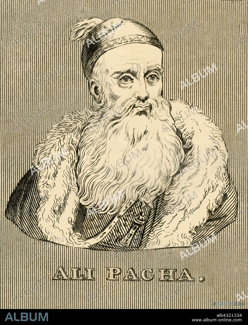 'Ali Pacha', (1740-1822), 1830. Ali Pasha of Ioannina (1740-1822)  Ottoman Albanian ruler who served as pasha of Rumelia in the Ottoman Empire's European territories. From "Biographical Illustrations", by Alfred Howard. [Thomas Tegg, R. Griffin and Co., J. Cumming, London, Glasgow and Dublin, 1830].