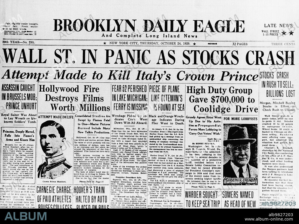 HISTORIC OBJECT. The Brooklyn Daily Eagle Front Page from October 24th, 1929: Stocks Crash - Great Depression.