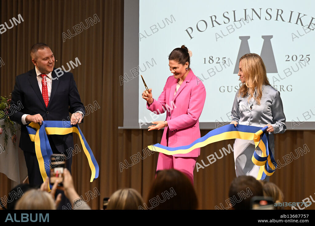Carl Kangas, Chair of the Municipal Assembly, and Miranda Ahlers, Chairwoman of the Culture and Leisure Committee (right), assist Crown Princess Victoria of Sweden as she cuts the ribbon at the inauguration of Porslinsriket in Värmdö's new cultural center in Gustavsberg, Stockholm, Sweden, March 31, 2025. Photo: Fredrik Sandberg / TT / Code 10080.