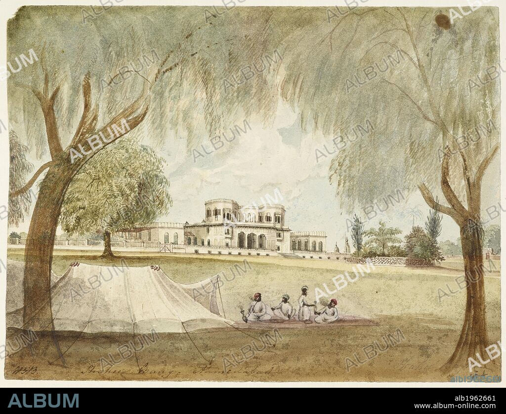JOHN BROWNRIGG BELLASIS. â€˜Shahee Baug. Ahmedabad.â€™ Large house with tent in foreground. Shahee Baug. Ahmedabad. 1822 - 1856. Bellasis, John Brownrigg (1806-1890) - Album of 414 drawings and scraps, and 9 prints of landscapes, architecture, natural history, and people, including Indian costumes and military uniforms. Made in W. India and the Deccan, 1822-56, and during a journey overland to England. Source: WD 1478 45b. Language: English.