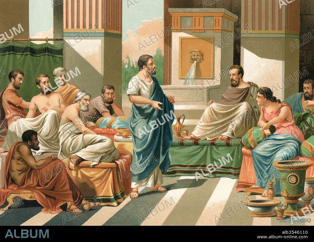 A banquet attended by the Seven Sages of Greece. Periander, Thales, Solon, Cleobulus, Chilon, Bias, and Pittacus, seven early-6th-century BC philosophers, statesmen, and law-givers who were renowned for their wisdom. After a 19th century print.