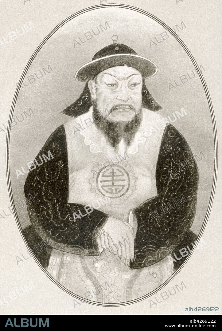 Kublai Khan Fifth Khagan Great Khan of the Mongol Empire from 1260 to 1294,  founder of the Yuan dynasty in China as a conquest dynasty in 1271,  and ruler as the first Yuan emperor until his death in 1294 Illustration by Gordon Ross,  American artist and illustrator 1873-1946,  from Living Biographies of Famous Rulers.