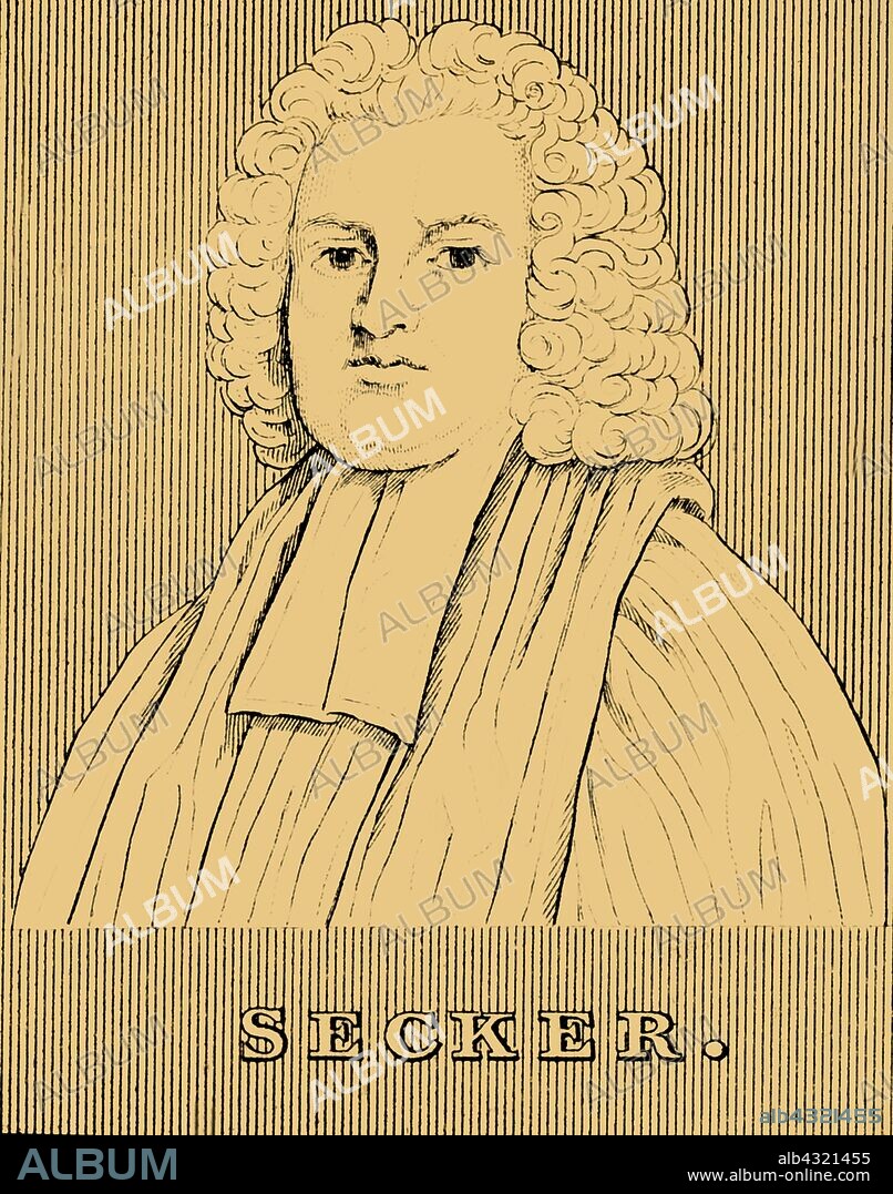 'Secker', (1693-1768), 1830. Thomas Secker (1693-1768) Archbishop of Canterbury of the Church of England. George II commissioned him to arrange a reconciliation with the Prince of Wales. He became Dean of St Paul's in 1750 and then Archbishop of Canterbury. From "Biographical Illustrations", by Alfred Howard. [Thomas Tegg, R. Griffin and Co., J. Cumming, London, Glasgow and Dublin, 1830].