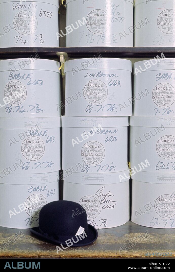 Bowler hat and hatboxes, Lock & Co, Hatters, St James's Street, London, 1968.