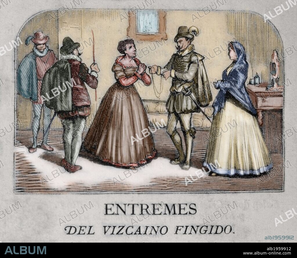 LITERATURA CASTELLANA. SIGLOS XVI-XVII. CERVANTES, Miguel de (Alcalá de Henares, 1547Madrid, 1616). Escritor español. "ENTREMESES-EL VIZCAINO FINGIDO". Grabado coloreado con la representación del inicio del Entremés, de 1868.