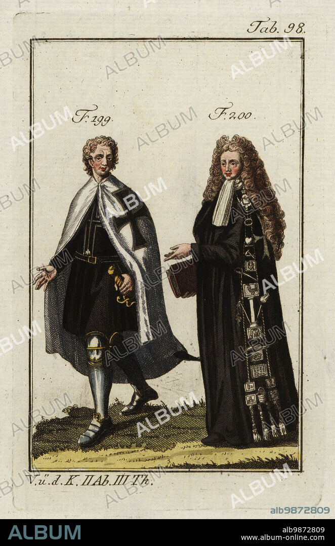 A Teutonic knight in cape and tunic over armour 199 and a Knight of Malta in 18th century ceremonial robes and wig for the taking of vows 200. Copied from an illustration by Christoph Weigel in Philipp Bonannis Ritter-Ordern, 1728. Handcolored copperplate engraving from Robert von Spalart's Historical Picture of the Costumes of the Principal People of Antiquity and Middle Ages, Vienna, 1802.