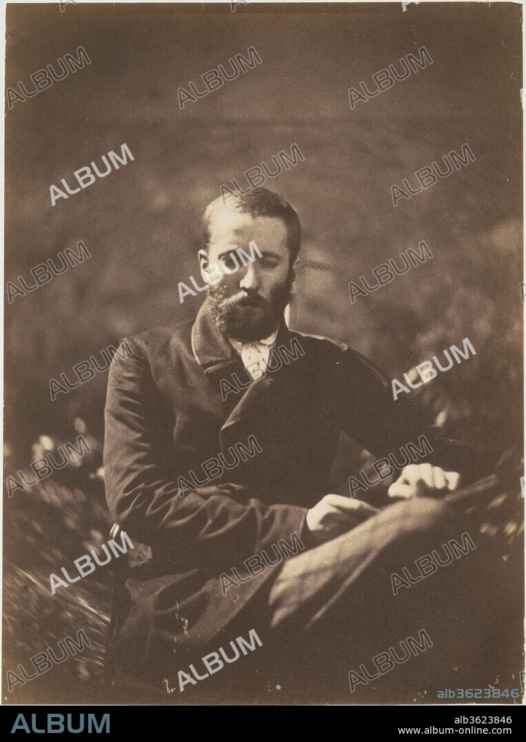 LOUIS-RÉMY ROBERT. Alfred Thompson Gobert. Artist: Louis-Rémy Robert (French, 1810-1882). Dimensions: 22.6 x 16.8 cm (8 7/8 x 6 5/8 in.). Date: 1849-55.
Louis Robert grew up on the premises of the Royal Porcelain Factory at Sèvres and assumed the leadership of its Painting Workshop in 1847.  Inclined by training and temperament toward endeavors that brought painting and chemistry together, he was among the earliest French artists to take up paper photography as an amateur pursuit, in about 1850.
<p>
Robert's colleague Alfred Gobert, head of the Enameling Workshop at Sèvres, is shown here with his head slightly bowed and his eyes half closed (in part to help maintain his pose during a long exposure in bright sunlight), as if lost in thought.  The shallow depth of field--only Gobert's face is in focus--and the flecks of light and soft massing of shadows so characteristic of prints from paper negatives heighten the sense that this portrait is a privileged meditation by Robert on the interior world of his friend.
  </p>.