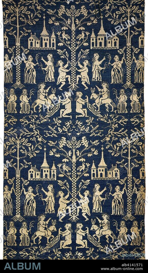 Panel (Depicting Christ Entering Jerusalem). Denmark, Schleswig-Holstein (became part of Germany in 1815). Date: 1601-1700. Dimensions: 167.4 × 83.2 cm (65 7/8 × 32 3/4 in.)
Repeat: 74.6 × 63.5 cm (29 3/8 × 25 in.). Linen and wool, plain weave with plain interlacing of secondary binding warp and patterning wefts. Origin: Denmark.