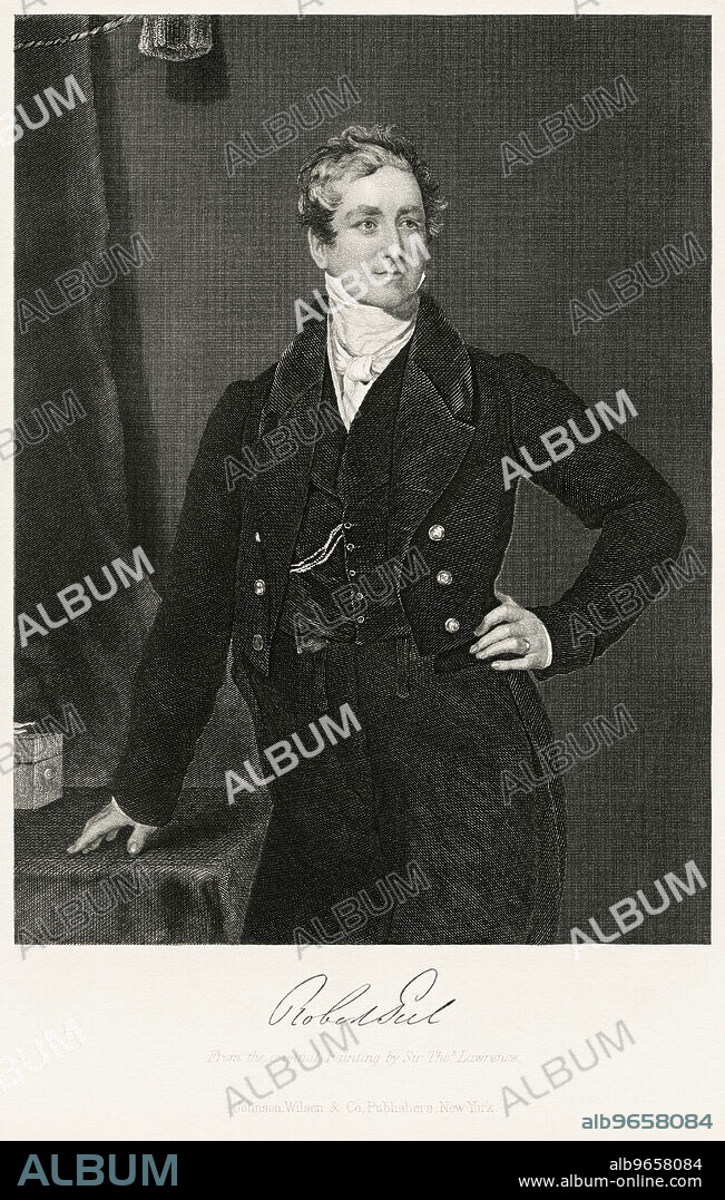 Sir Robert Peel (1788-1850), 2nd Baronet, British Statesman and Politician, Served Twice as Prime Minister of the United Kingdom 1834-35, 1841-46, Three-Quarter Length Portrait, Steel Engraving, Portrait Gallery of Eminent Men and Women of Europe and America by Evert A. Duyckinck, Published by Henry J. Johnson, Johnson, Wilson & Company, New York, 1873.