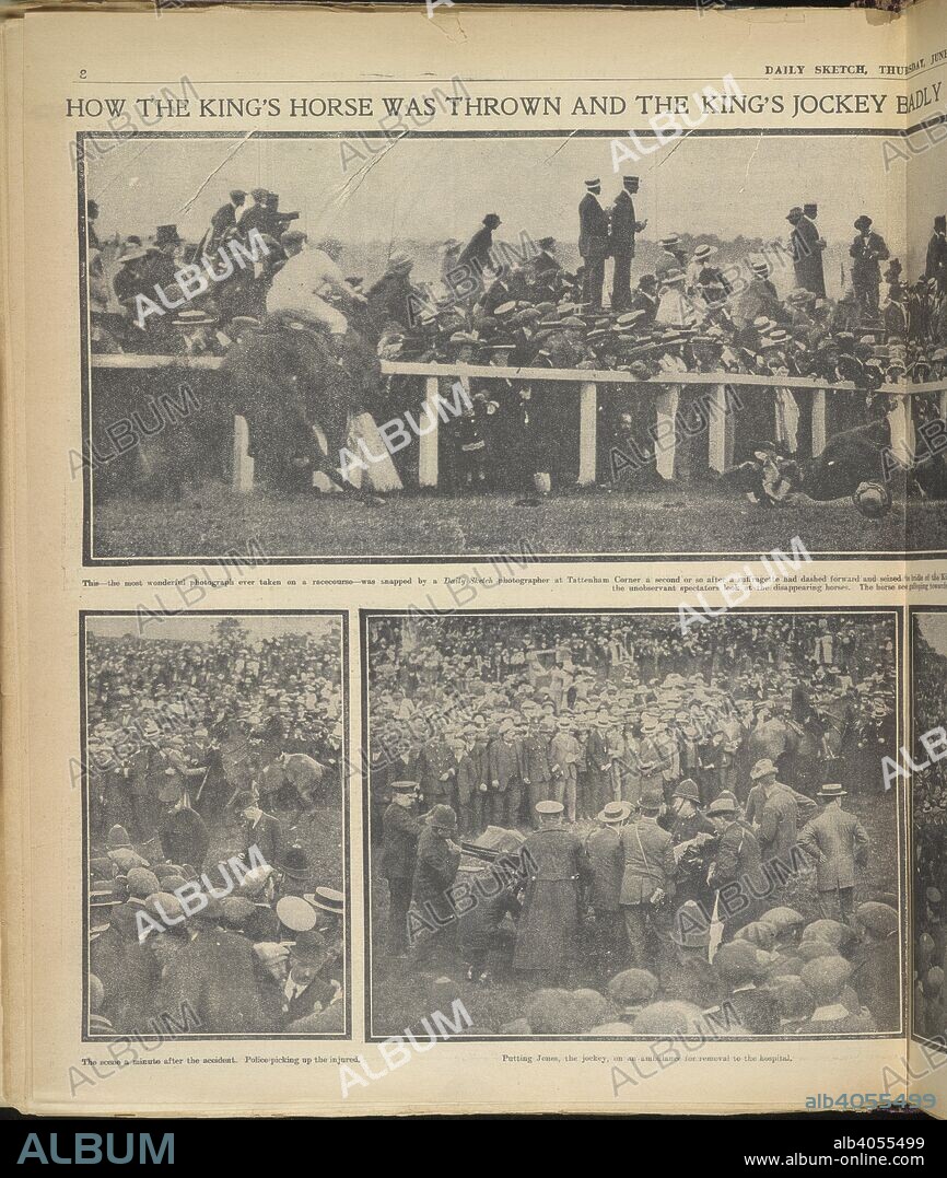 How the King's horse was thrown and the king's jockey badly injured by a suffragette during the yesterday's Derby.' The incident when Emily Davison, a suffragette steped in front of the , the King's horse, Anmer, on 4 June 1913, at the Epsom Derby. . Daily Sketch. 05/06/1913. Source: Daily Sketch, 5 June 1913, page 8.