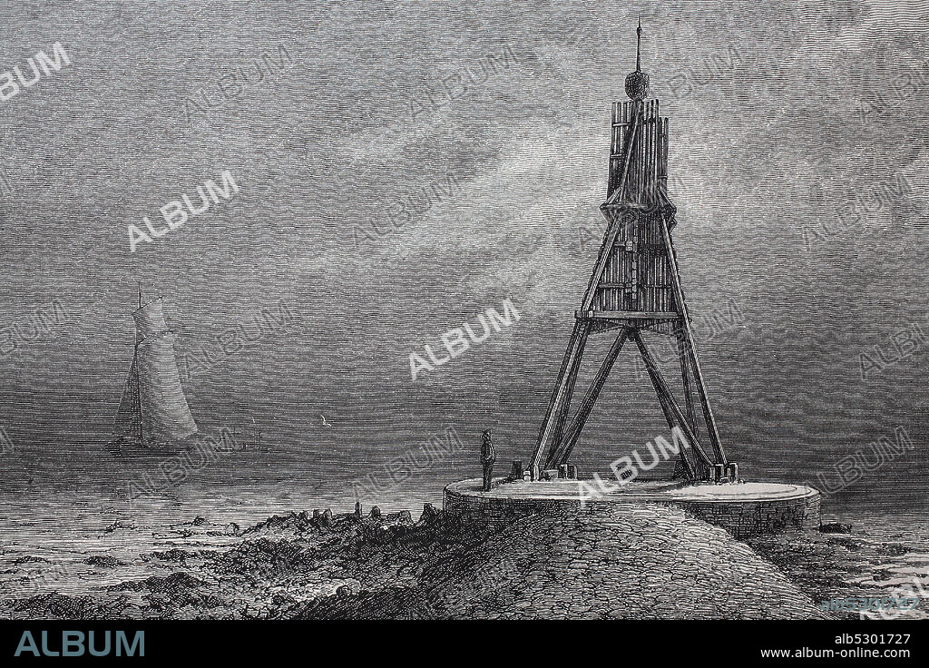 The Kugelbake, Ball Beacon, a historic aid to navigation in the city of Cuxhaven, Germany, at the northernmost point of Lower Saxony, where the River Elbe flows into the North Sea  /  Der Kugelbake, Ball Beacon, eine historische Navigationshilfe in der Stadt Cuxhaven am nördlichsten Punkt Niedersachsens, wo die Elbe in die Nordsee mündet, Historisch, digital improved reproduction of an original from the 19th century / digitale Reproduktion einer Originalvorlage aus dem 19. Jahrhundert,.