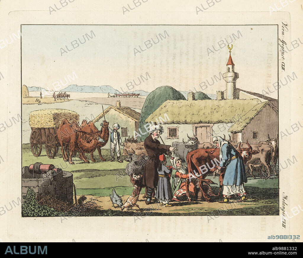 Tatar peasants of the Crimean peninsula (Ukraine). A pipe-smoking peasant points, a woman milks a dairy cow, and a farmer drives two Bactrian camels pulling a hay waggon. Habitants de la Peninsule Taurique. Drawn by Christian Gottfried Heinrich Geissler for ethnographer Peter Simon Pallas. Handcoloured copperplate engraving from Carl Bertuch's Bilderbuch fur Kinder (Picture Book for Children), Weimar, 1810. A 12-volume encyclopedia for children illustrated with almost 1,200 engraved plates on natural history, science, costume, mythology, etc., published from 1790-1830.