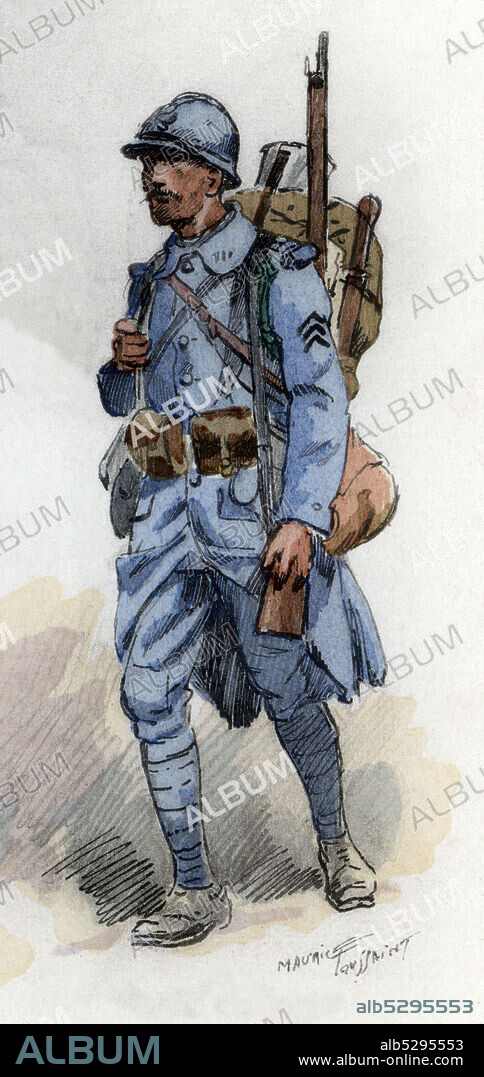 MAURICE TOUSSAINT. Francia. Uniformes de regimiento franceses. Soldado de infantería de línea en 1916. Grabado de 1945.