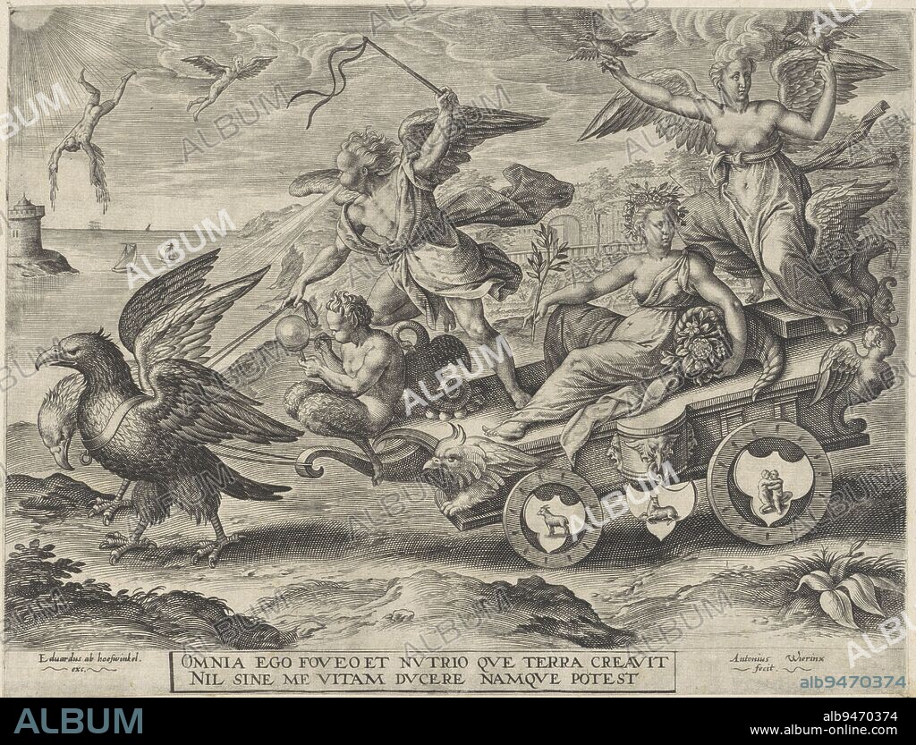 The female personification of the element Air rides a chariot of triumph, pulled by an eagle Birds sit on her hands On the cart symbols of the zodiac, ram, bull and twins corresponding to the months of March, April and May In the background, the fall of Icarus In the frame in the margin a two-line caption in Latin, Air Four elements , print maker: Antonie Wierix (II), (mentioned on object), Marten van Cleve (I), (attributed to), publisher: Eduwart van Hoeswinckel, (mentioned on object), Antwerp, 1565 - before 1604, paper, engraving, h 220 mm × w 288 mm.