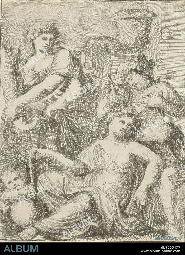 Venus and Amor, accompanied by Ceres and Bacchus. Imagination of the saying 'Sine Cerere et Baccho friget Venus' (without bread and wine love freezes), Ceres, Bacchus and Venus., print maker: Pieter van der Plas (II), Northern Netherlands, 1687 - 1708, paper, etching, engraving, h 164 mm × w 126 mm.