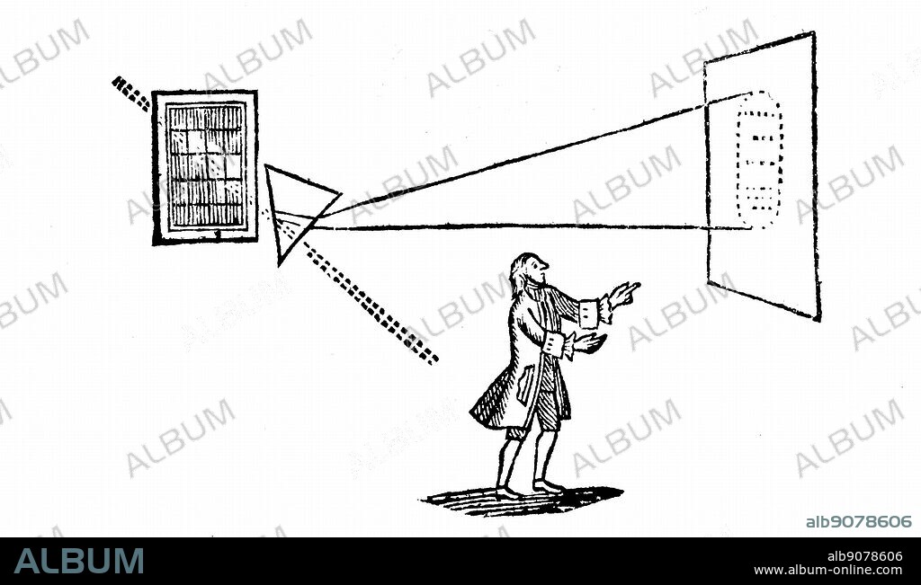Newton's experiment shows how beam of white light is refracted by prism & broken into colours of spectrum (right). Dotted line shows beam of light entering through window and path it would take if not refracted. Woodcut from Voltaire 'Melanges de Philosophie: Elemens due Philosophie de Newton, etc.' Paris 1757.