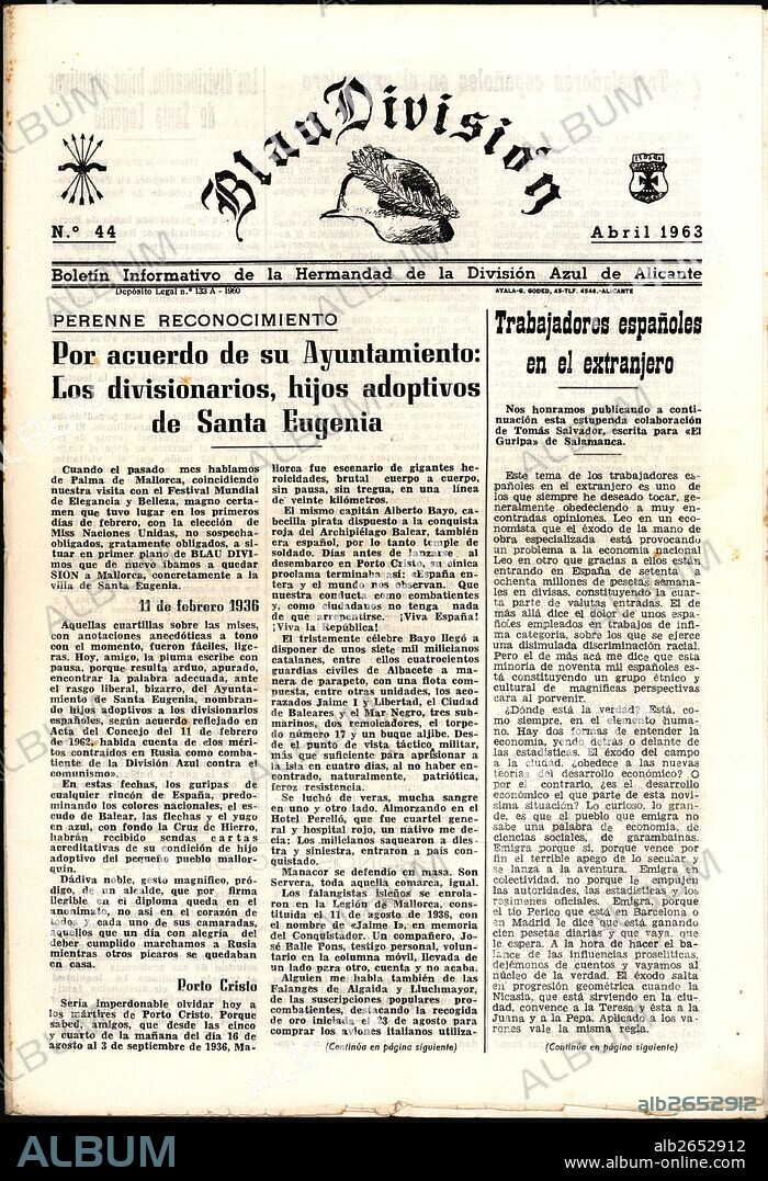 Blau División, Boletín informativo de la Hermandad de la División Azul de Alicante. Abril de 1963.