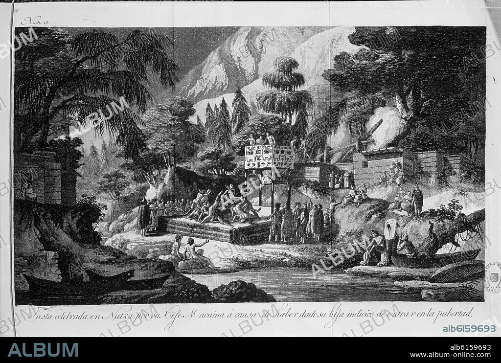 JOSE CARDERO (1766-1811). ATLAS VIAJE AL ESTRECHO DE JUAN DE FUCA - 1792 - FIESTA CELEBRADA EN NUTKA POR MACUINA A CAUSA DE HABER DADO SU HIJA INDICIOS DE ENTRA.