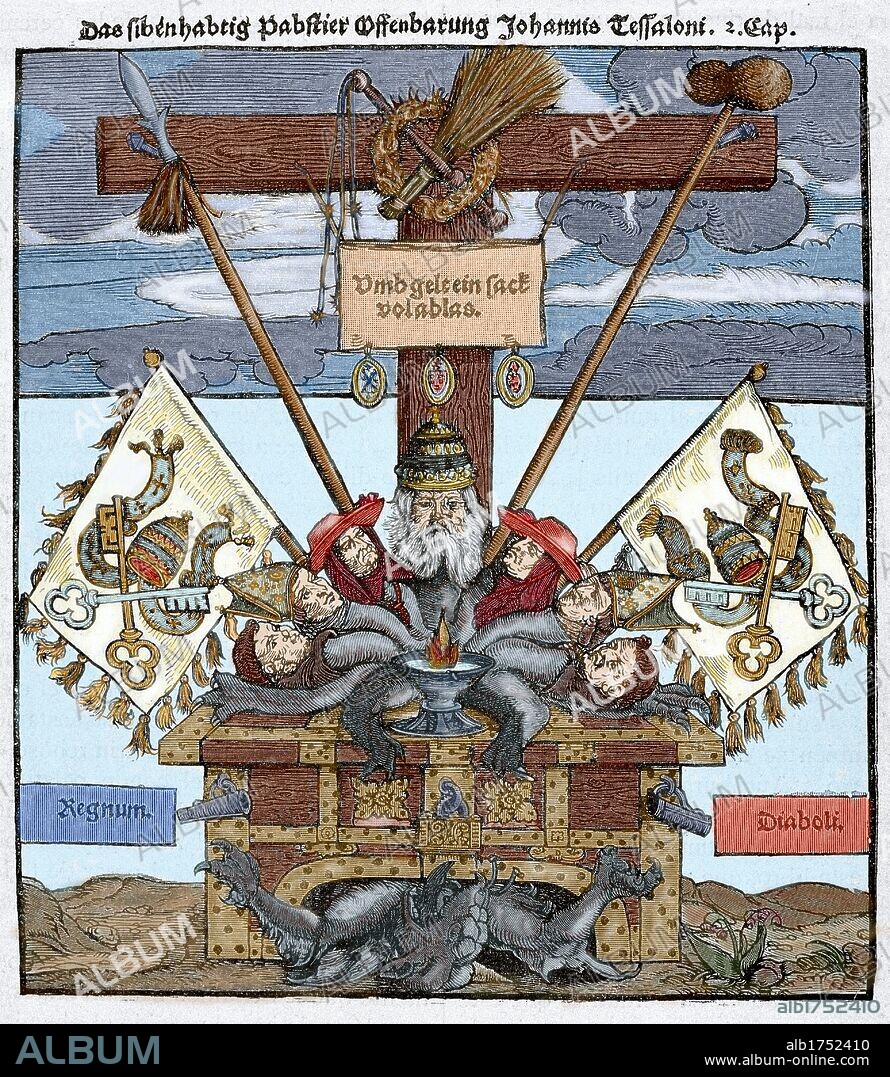 REFORMA PROTESTANTE (S. XVI). ALEMANIA. Facsímil del grabado correspondiente a un impreso satírico luterano, satirizando contra "LA VENTA DE INDULGENCIAS" por parte del papado. Coloreado.
